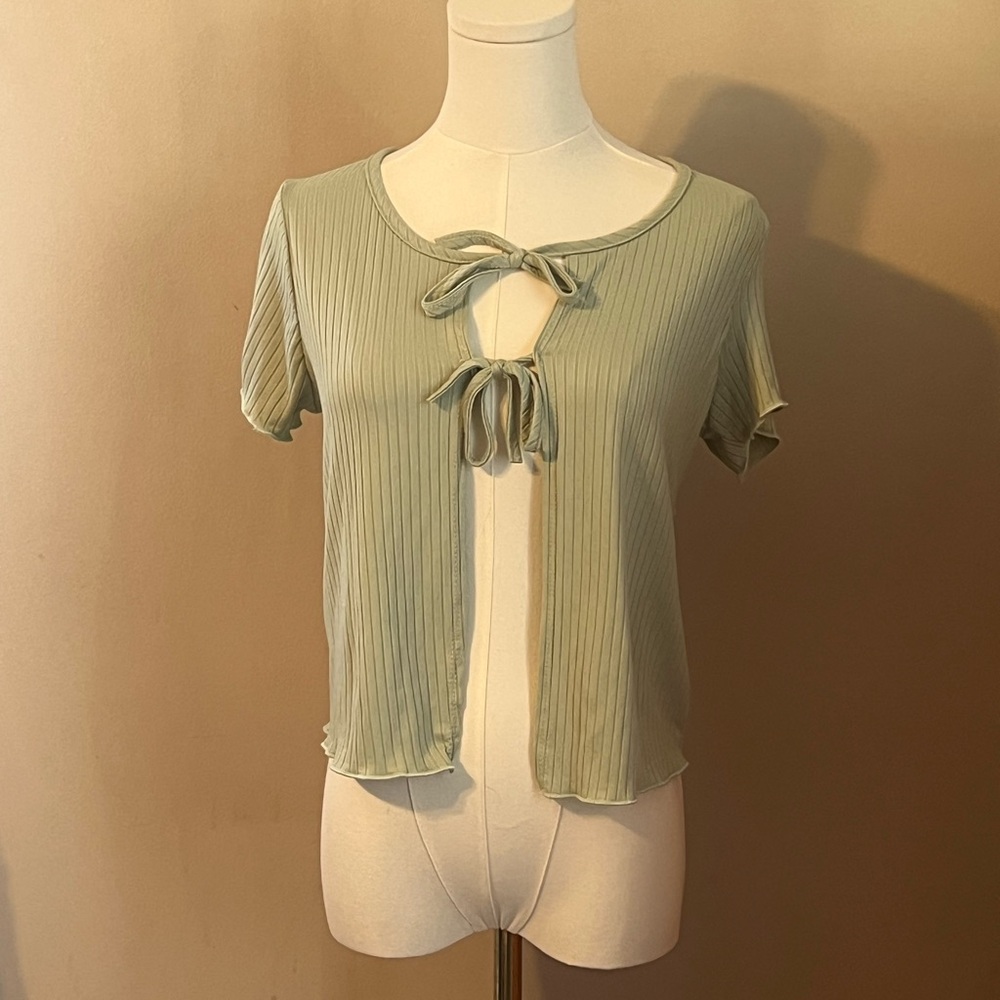 Forever Rose Couture Ribbed Tie-Front Blouse - Light Green